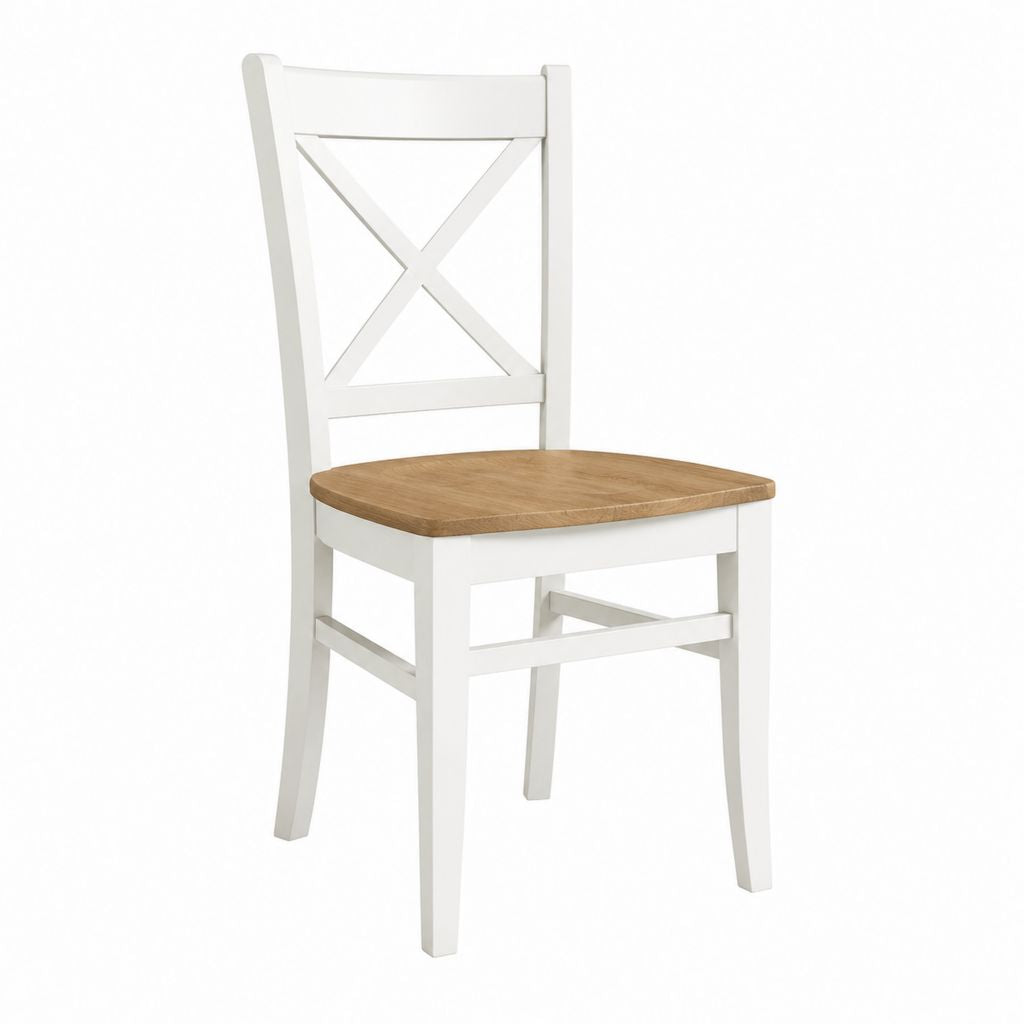 Chaise de salle à manger blanche en bois massif assise finition chêne dossier croisé 45 x 42 x 90 cm