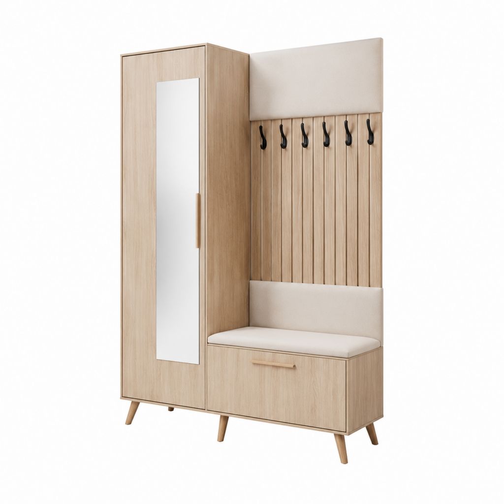Meuble d'entrée avec armoire miroir banc et patères chêne clair beige 120 x 40 x 190 cm