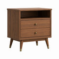 Table de chevet marron en MDF plaqué noyer avec 2 tiroirs et niche ouverte 50 x 40 x 65 cm