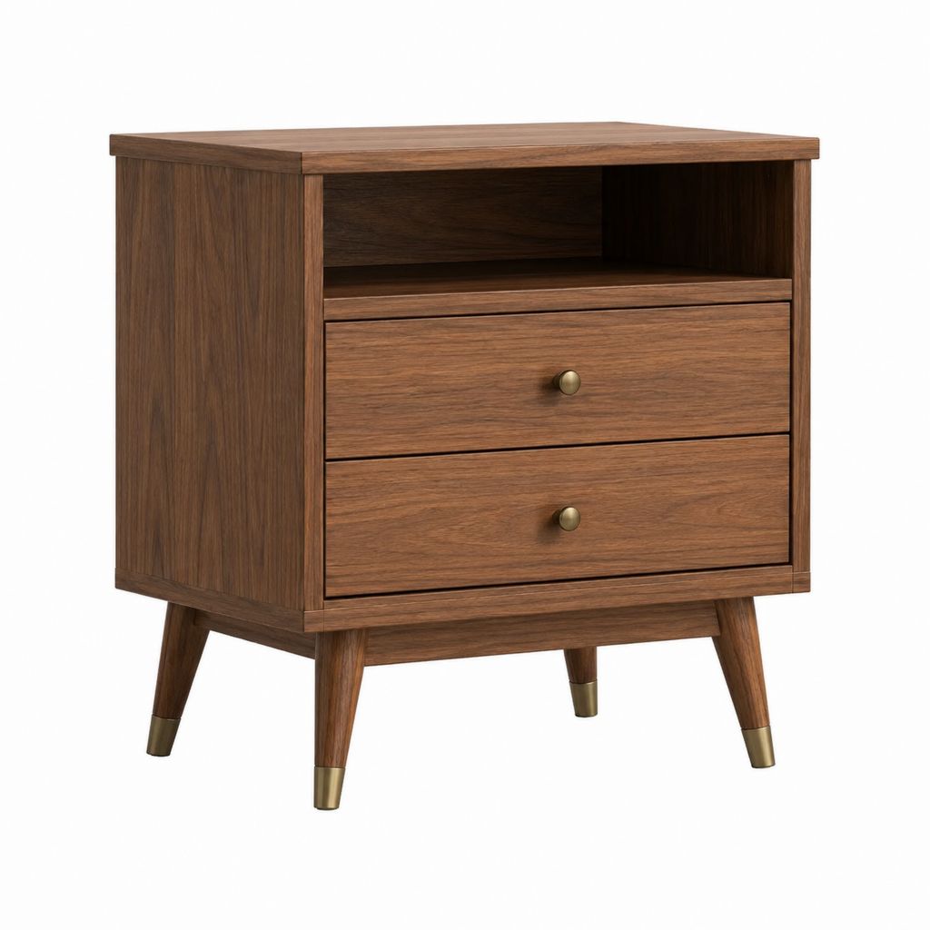 Table de chevet marron en MDF plaqué noyer avec 2 tiroirs et niche ouverte 50 x 40 x 65 cm