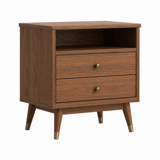 Table de chevet marron en MDF plaqué noyer avec 2 tiroirs et niche ouverte 50 x 40 x 65 cm