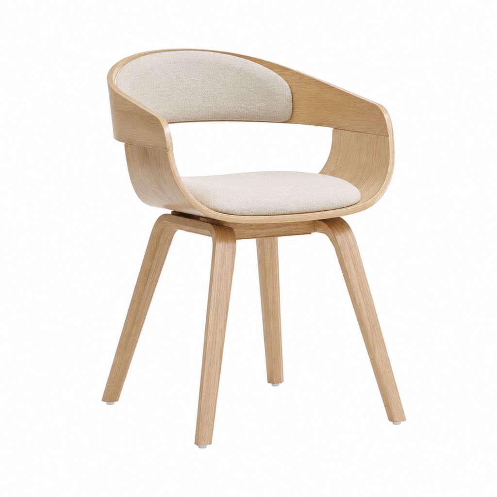 Chaise de salle à manger avec accoudoirs beige en contreplaqué plaqué chêne et polyester forme arrondie 82 x 58 x 56 cm