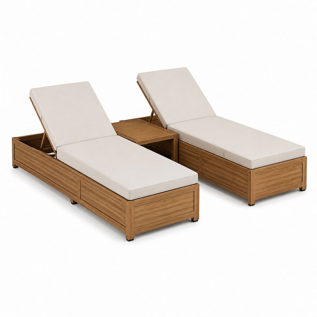 Lot de 2 bains de soleil réglables avec table d'appoint en bois massif d'acacia et coussins beige 200 x 70 cm